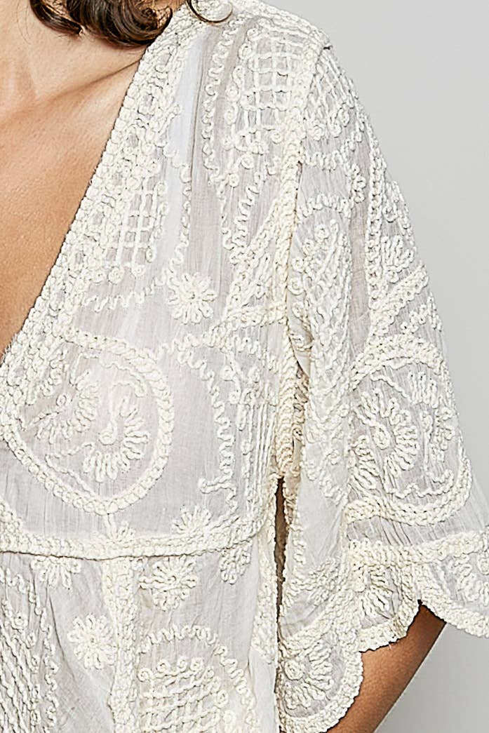 Short Sleeve V-neck Vintage Washing Solid Crochet Top
