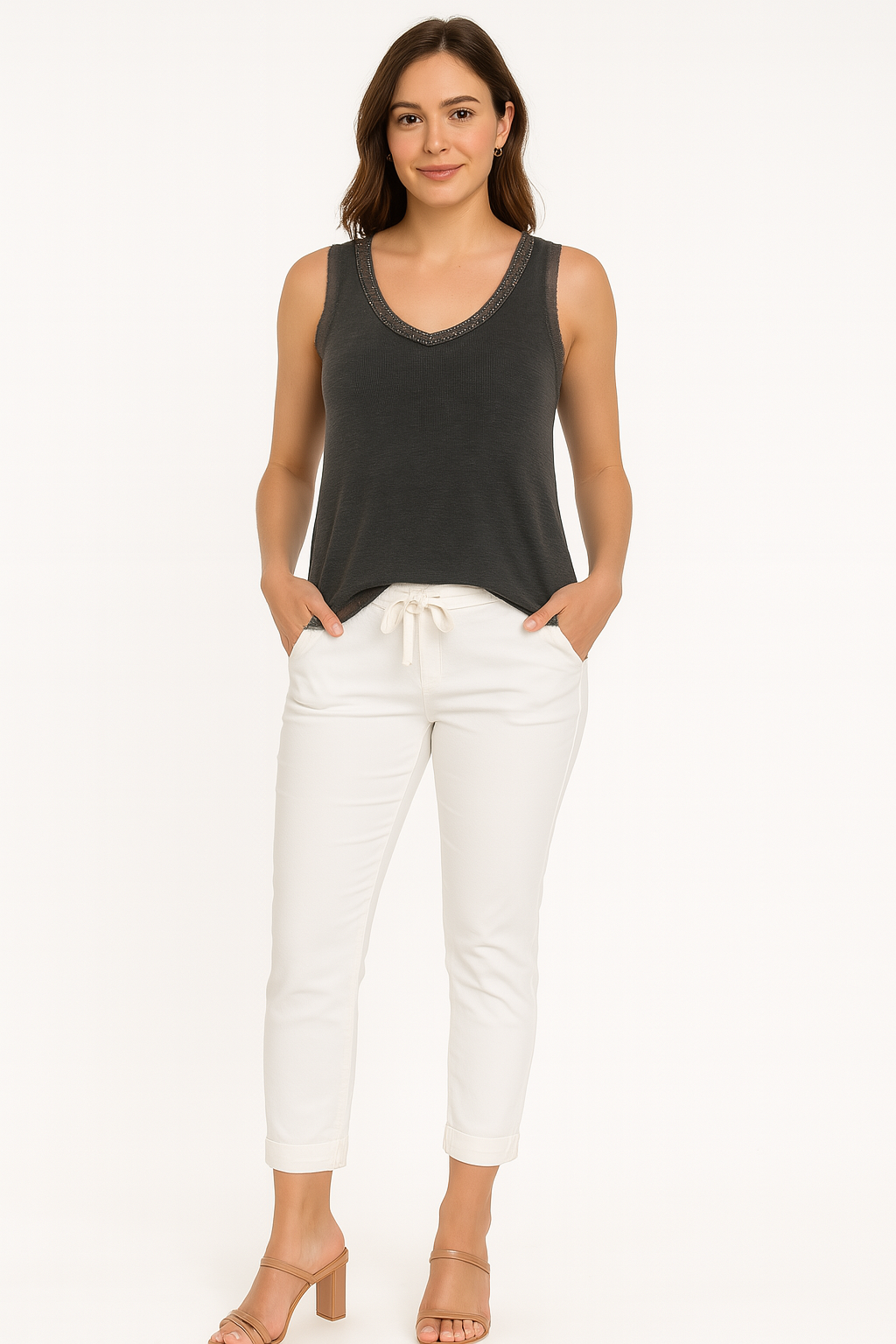 Sequin WHITE/ NAVY V-Neck Tank Tops