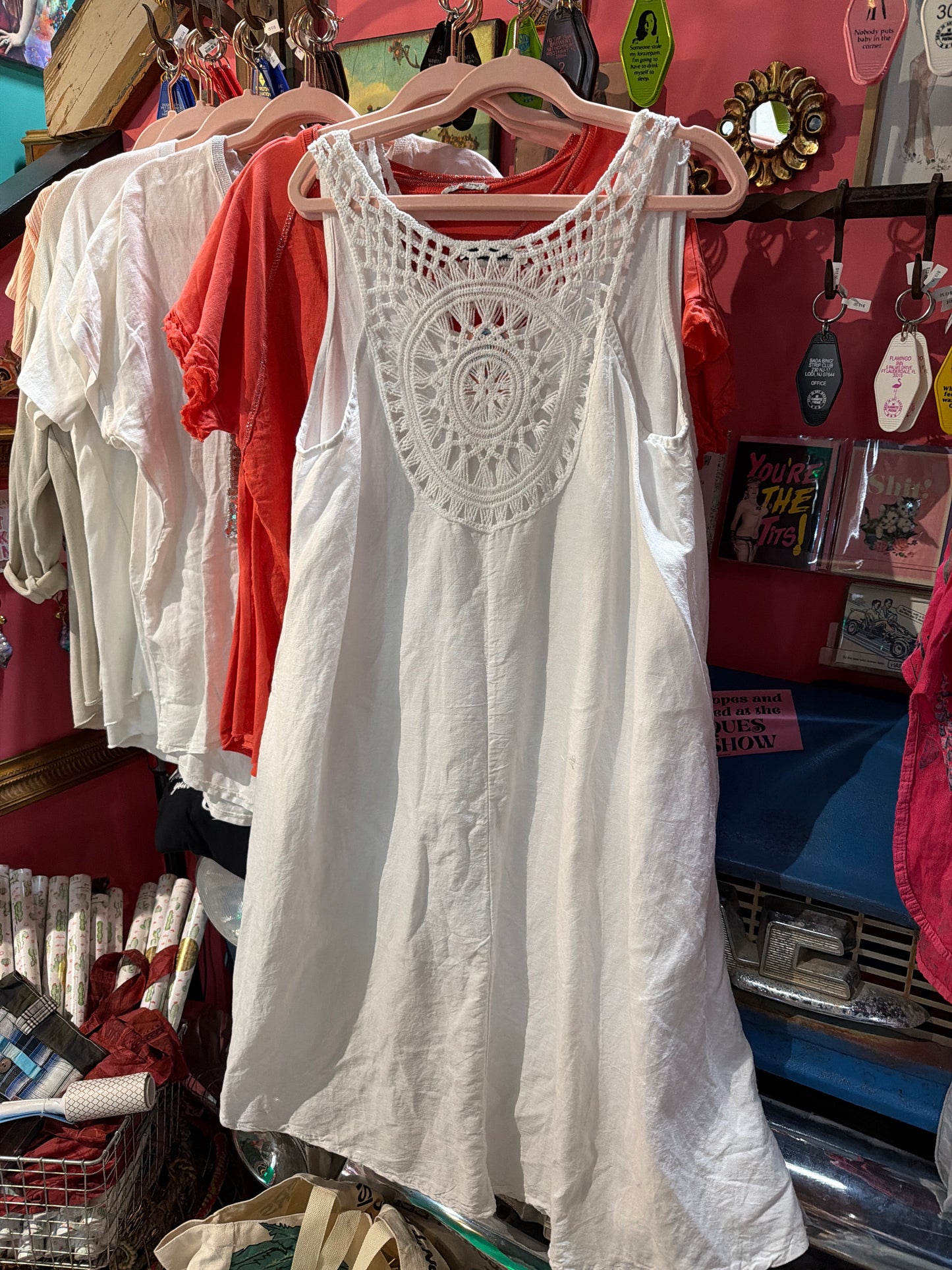 White Linen Crochet Back Sleeveless Tank Dress