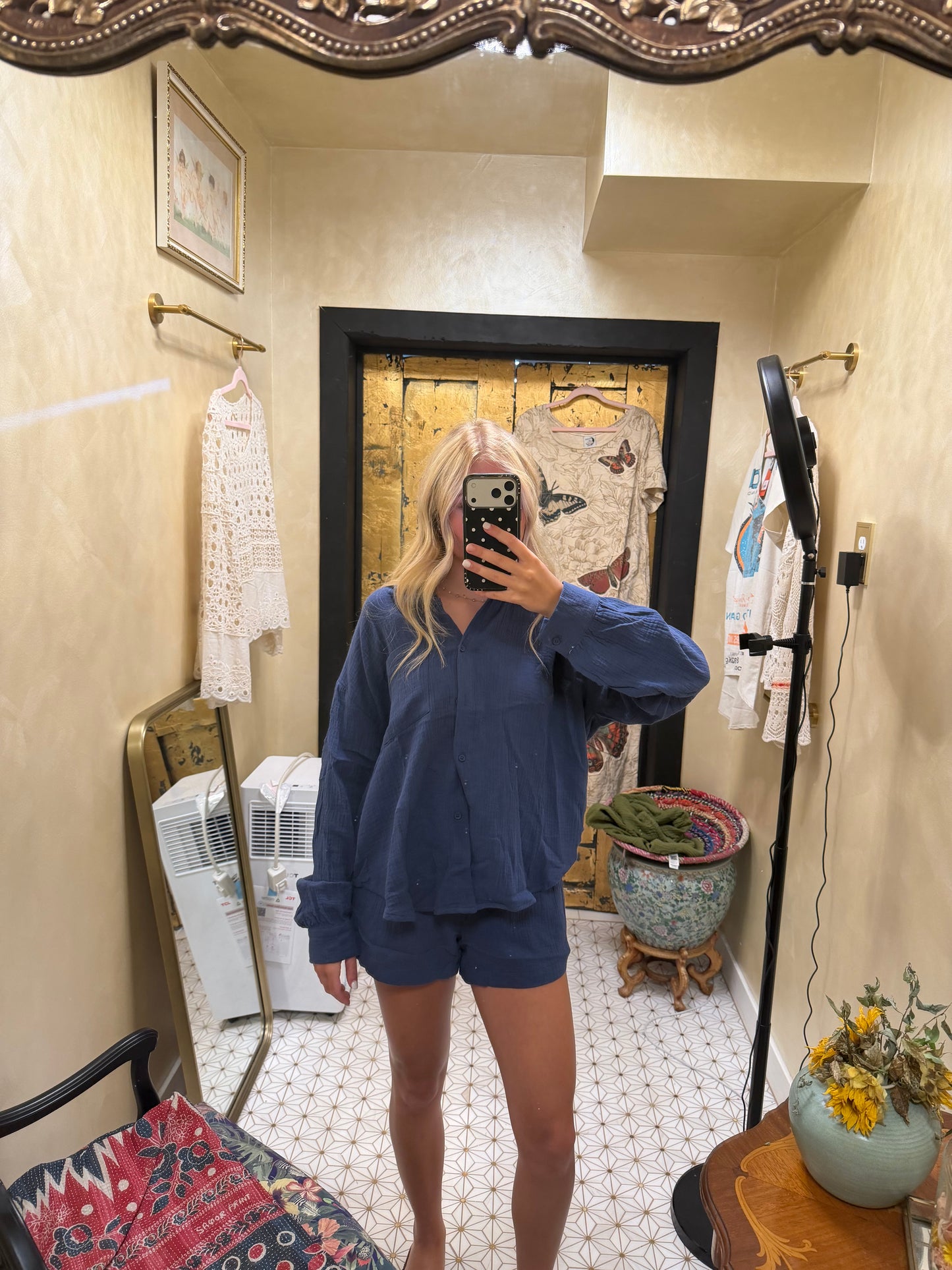 Navy Crinkle Cotton Gauze Resort Button-Up Set
