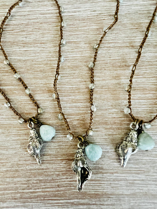 Ocean Treasure Conch Seaside Charm Necklace With Aquamarine