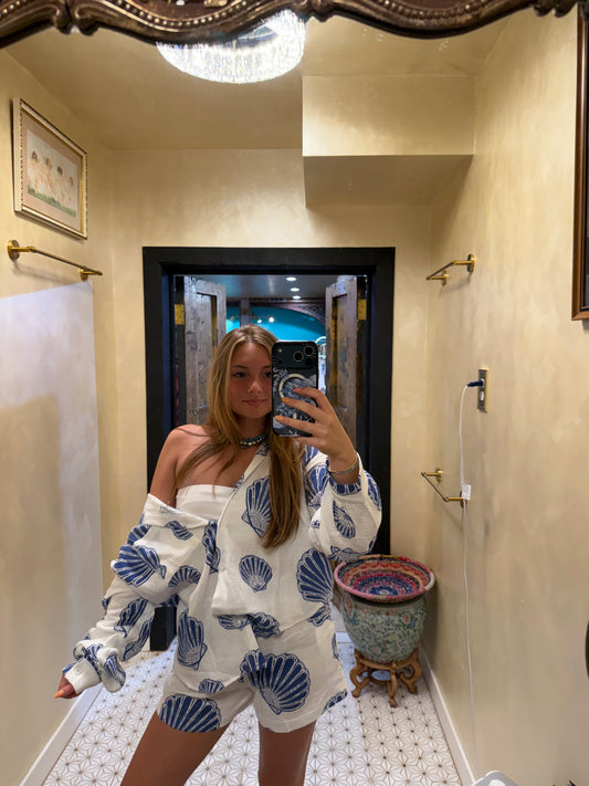 Seaside Blue Shell Cotton Gauze Shirt & Short Set