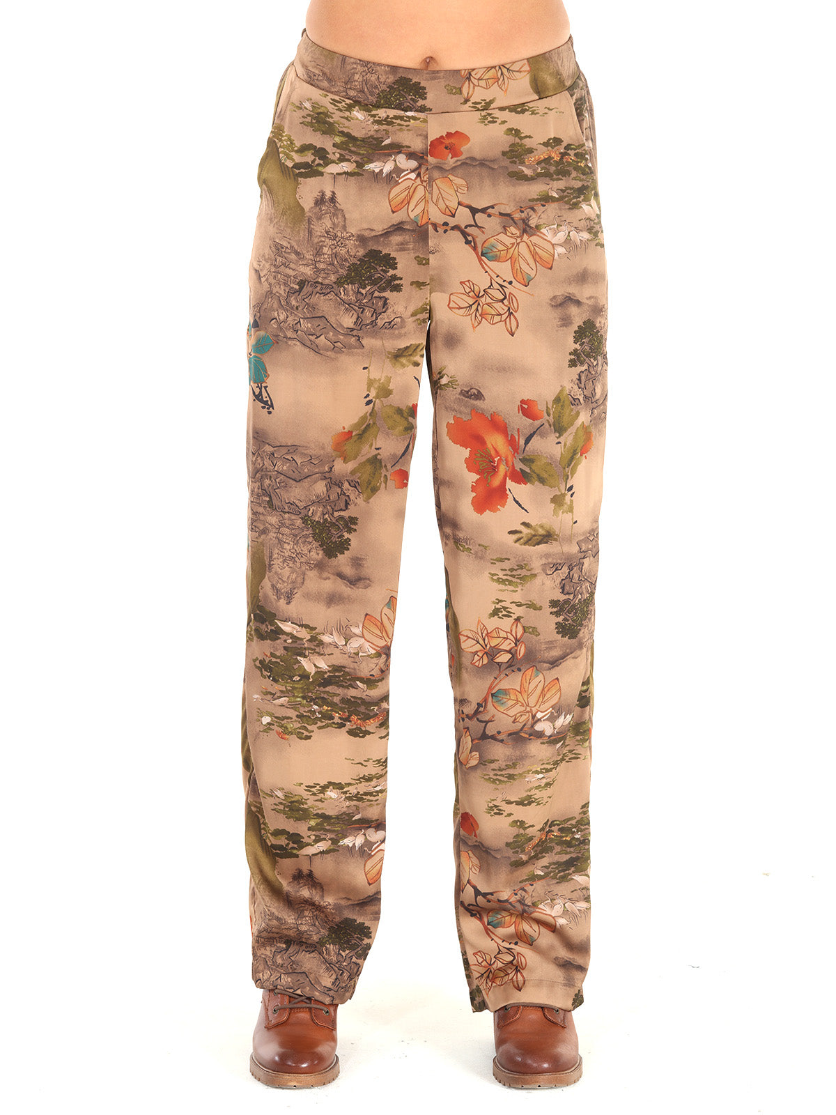 Satin Vintage Landscape Print Pants