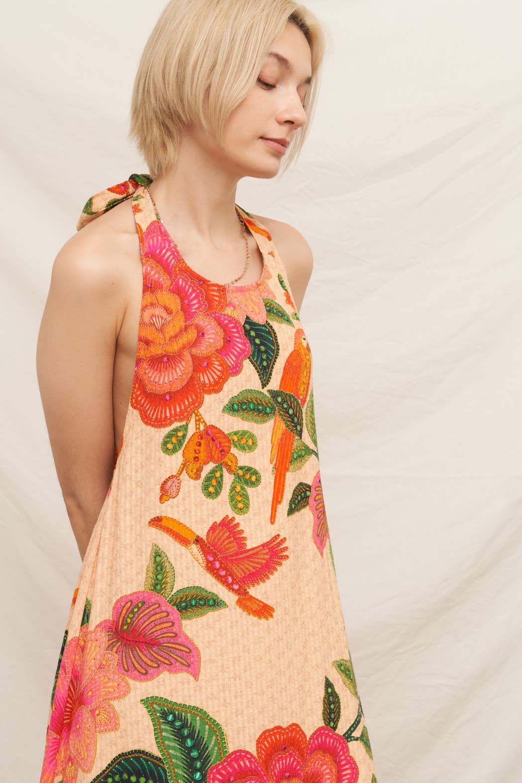 Textured Tropical Print Halter Neck Maxi Dress