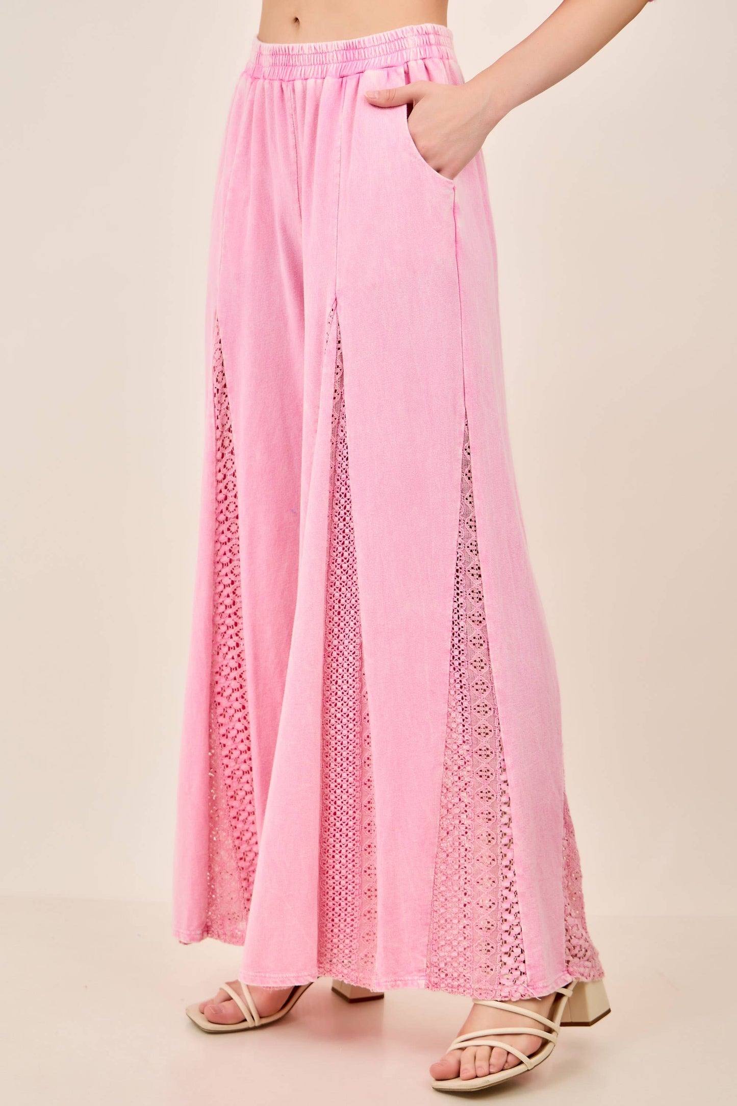 Pink Mineral Washed Lace Flare Hippie Boho Pants