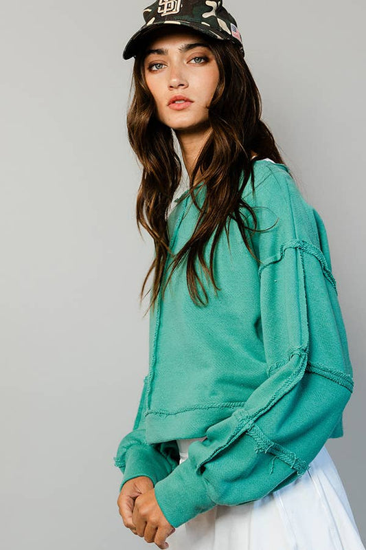 Turquoise Solid Cropped Sweatshirt