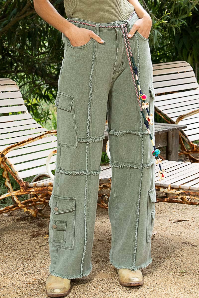 Army Green Outseam Detailing Multi Pocket Baggy Cargo Twill Pants