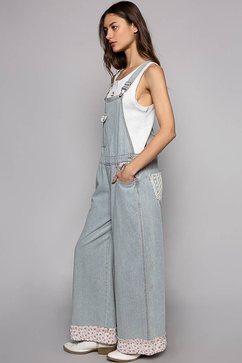 Vintage washed front pockets floral patches overalls