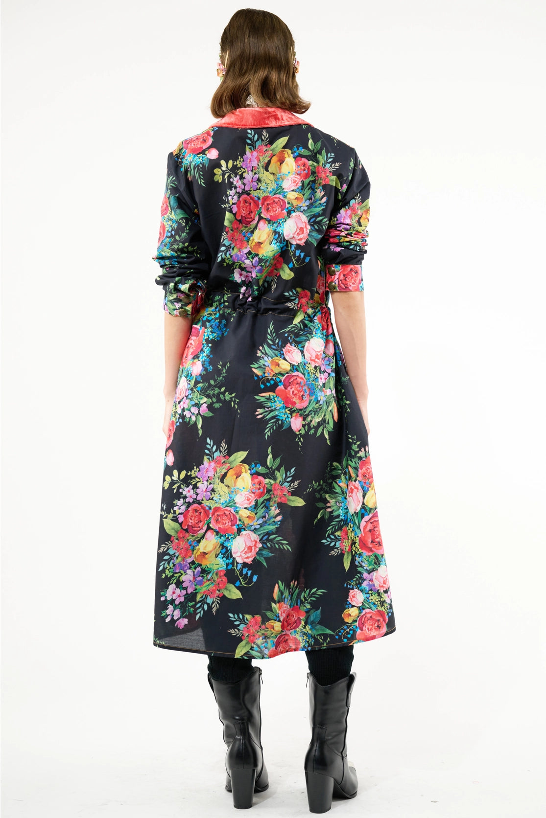 Black Floral Button Down Dress w Velvet Collar
