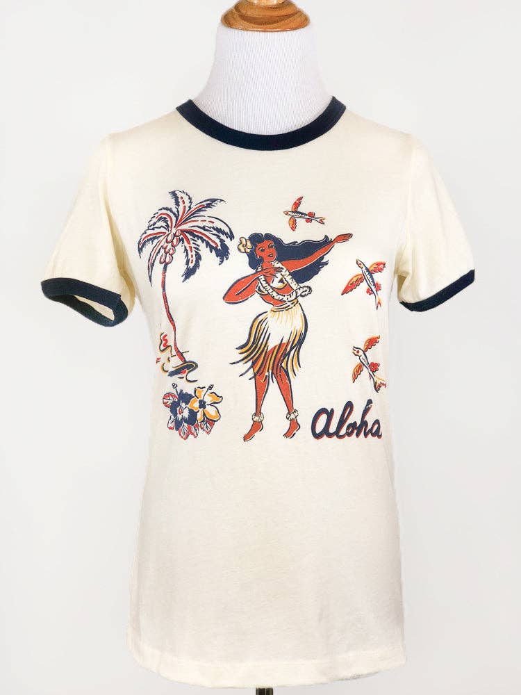 Aloha Fitted Ringer Tee in Natural/Navy