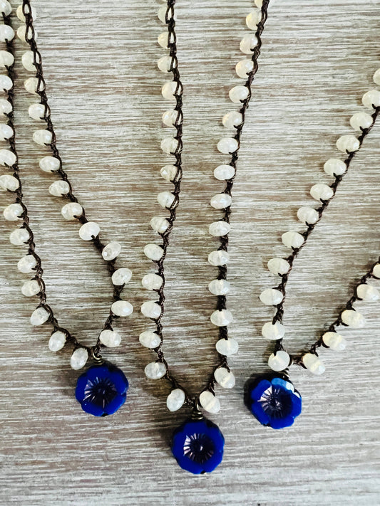 Peach Opal Crystal Necklace With Cobalt Glass Flower Pendant