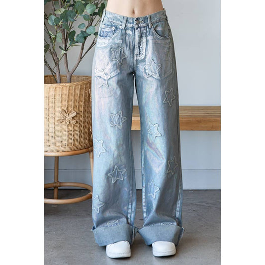 WASHED FOIL LOVE PATCHWORK DENIM JEANS