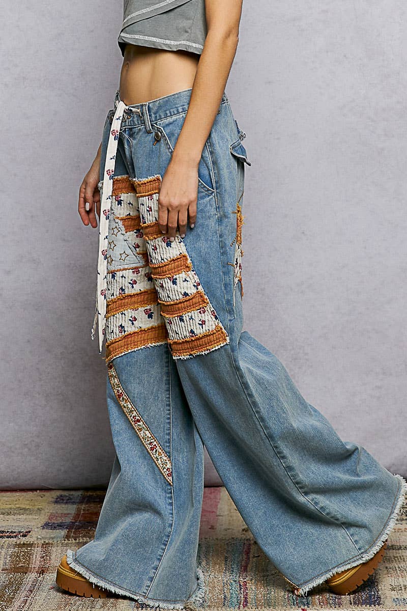 American Flag Patch Elastic Band Solid Stripe Wide Pants