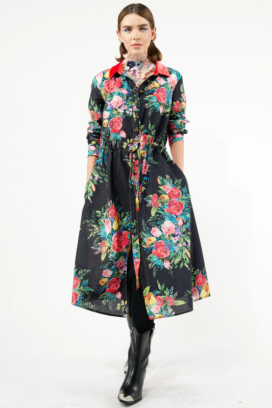 Black Floral Button Down Dress w Velvet Collar