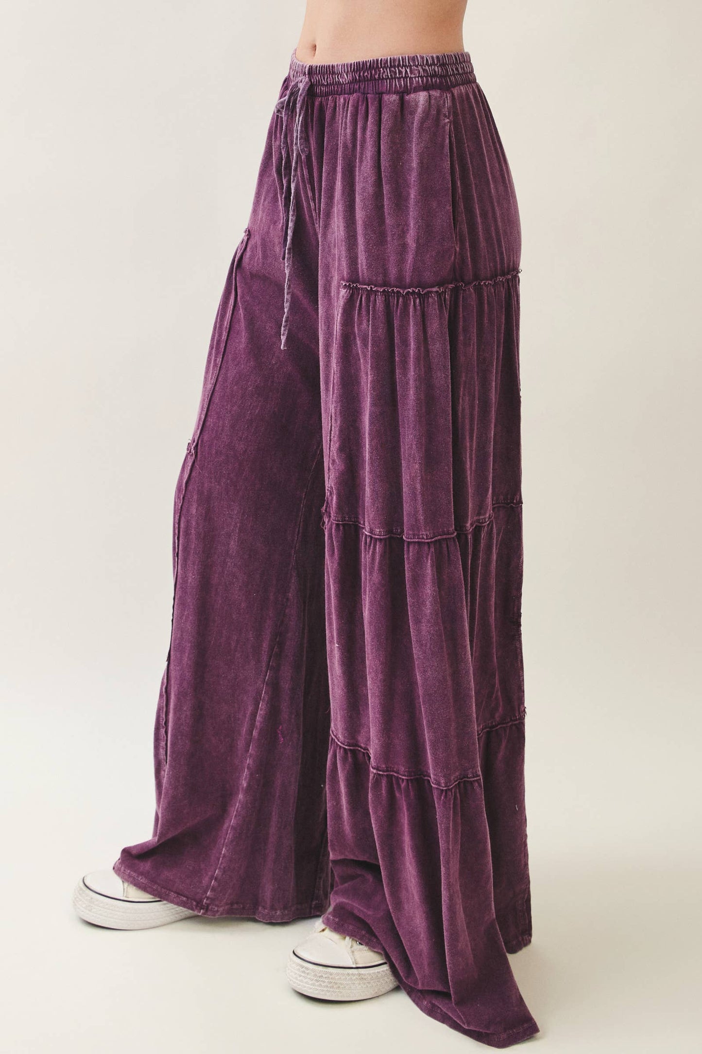 Purple Mineral Washed Tiered Wide Leg Pants