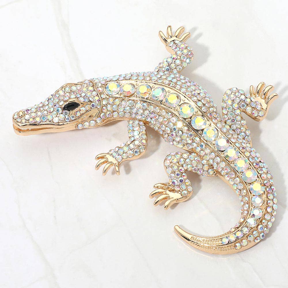 Bold Rhinestone Embellished Alligator Pin Brooch
