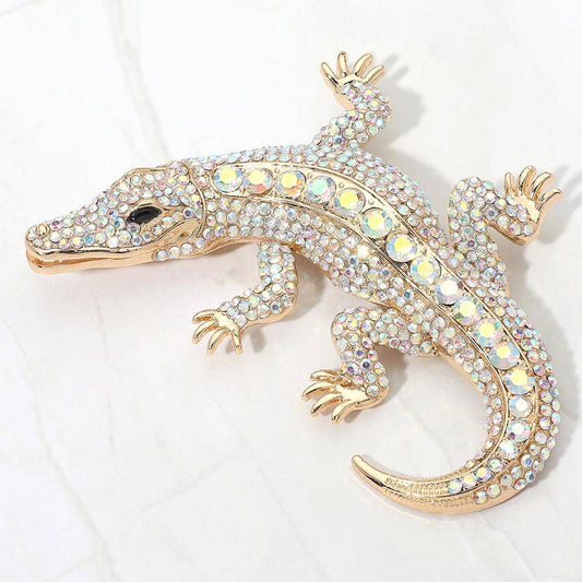 Bold Rhinestone Embellished Alligator Pin Brooch