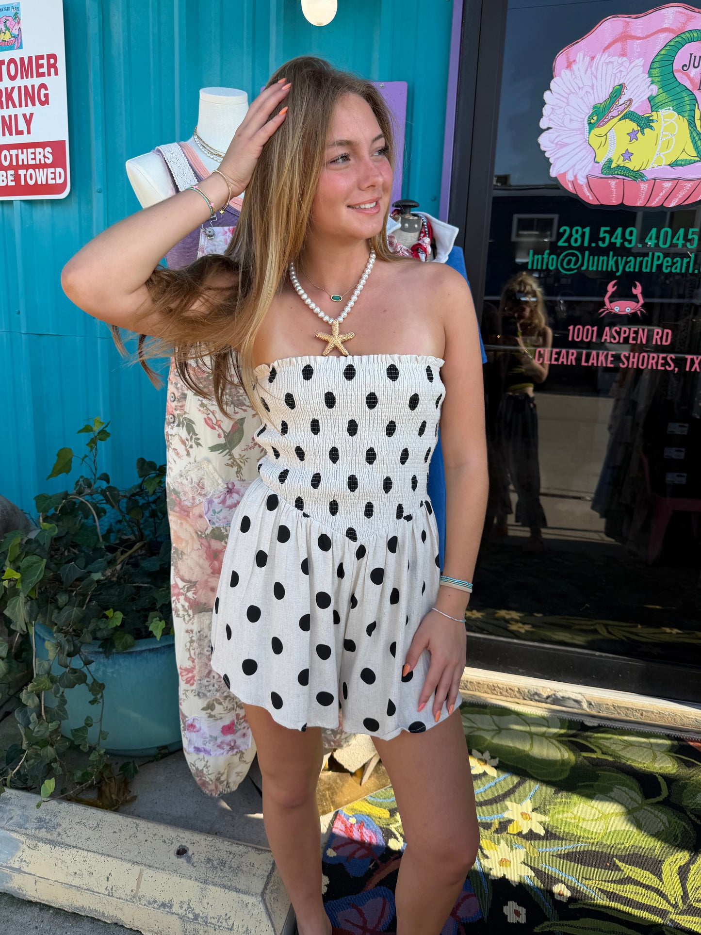 POLKA DOT STRAPLSS SMOCKED ROMPER