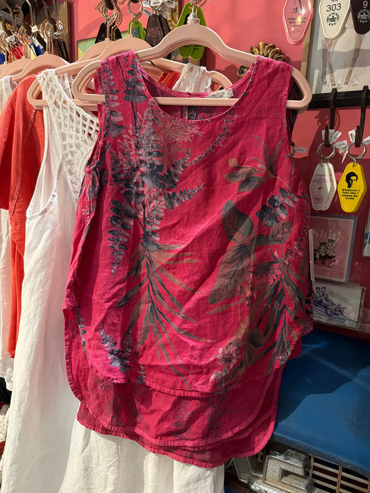Fuchsia Pink Palm Linen Tank Top