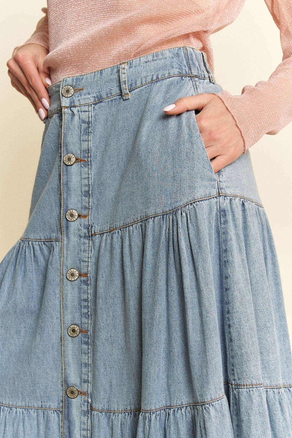 Denim Button Front Ruffle Hem Denim Maxi Skirt