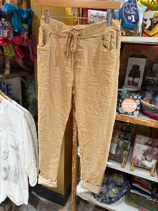 Brown Khaki Crinkle Skinny Leg Pants