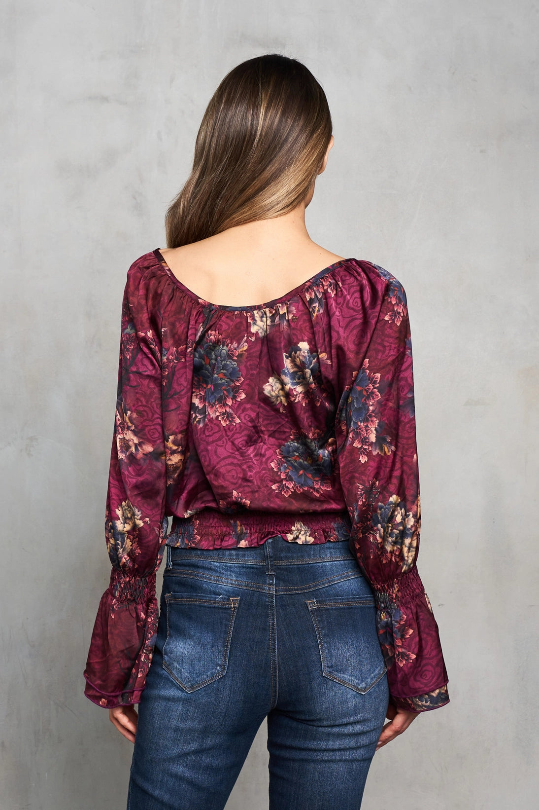 Satin Verona Print Peasant Top w/ Smocking