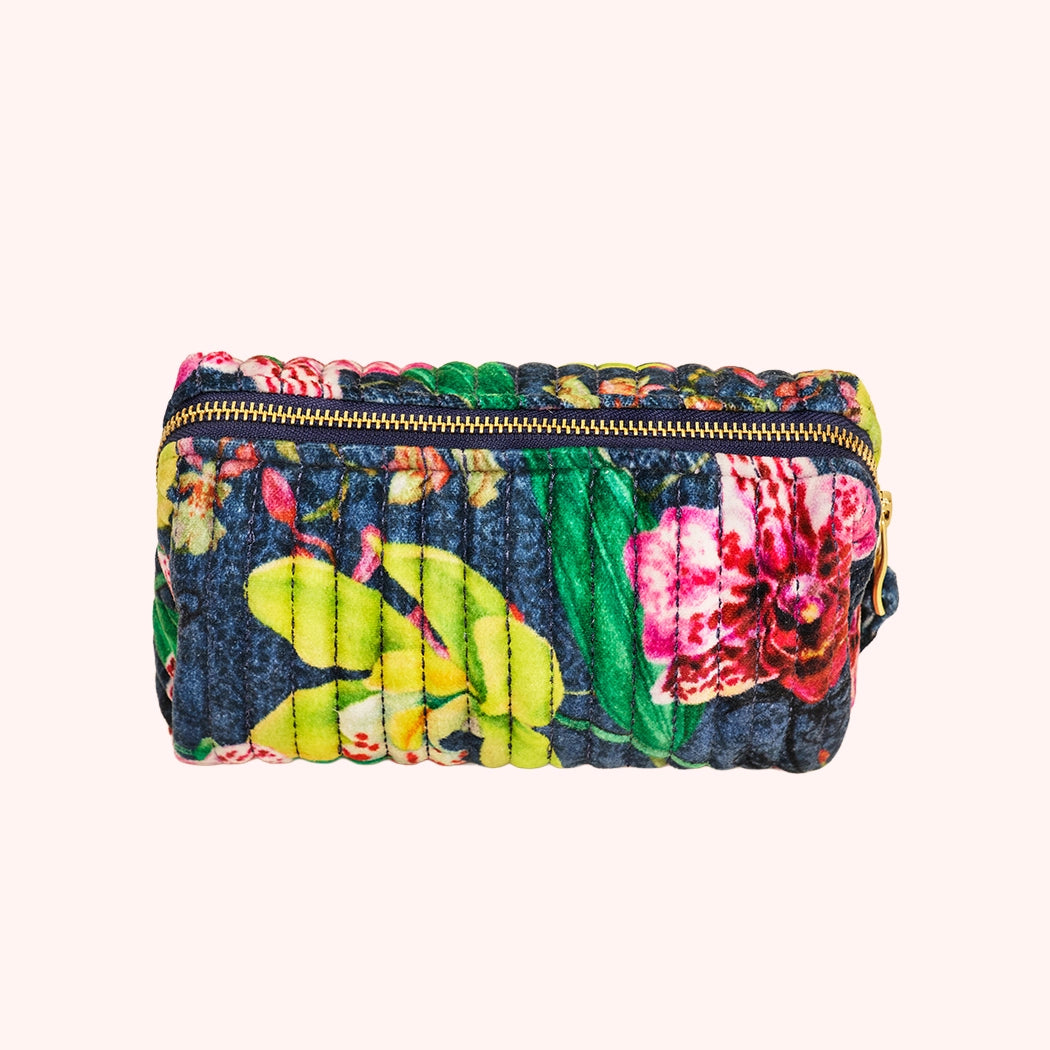 Navy Botanical Velvet Quilted Vanity Bag