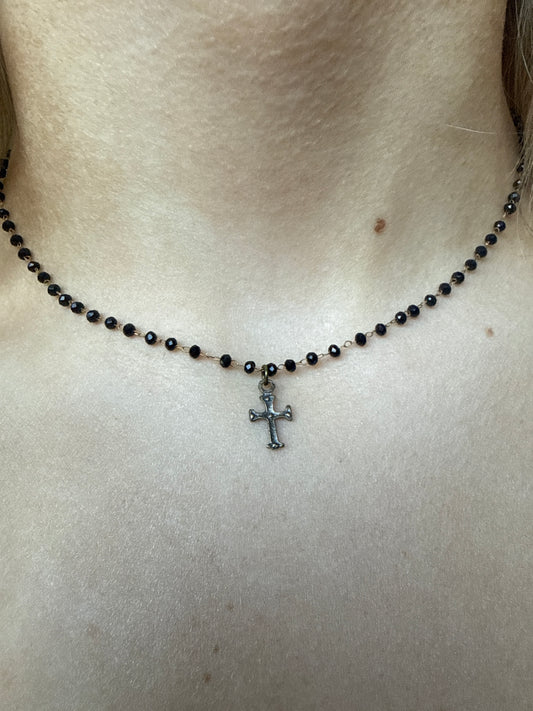 Mini Beaded Black Cross Choker
