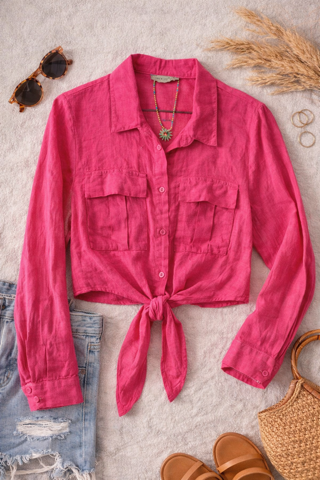 Fuchsia Pink Linen Tie-Front Top