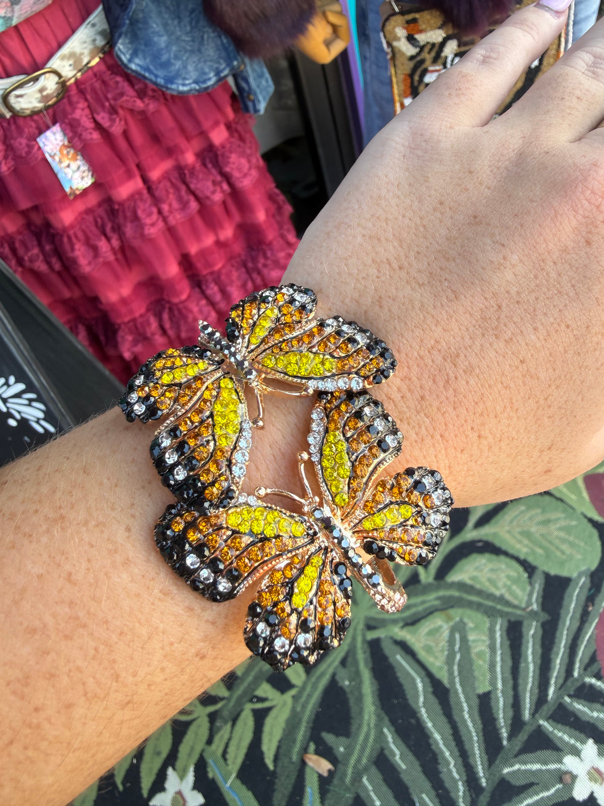 Rhinestone Embellished Double Butterfly Hinged Bangle Bracelet