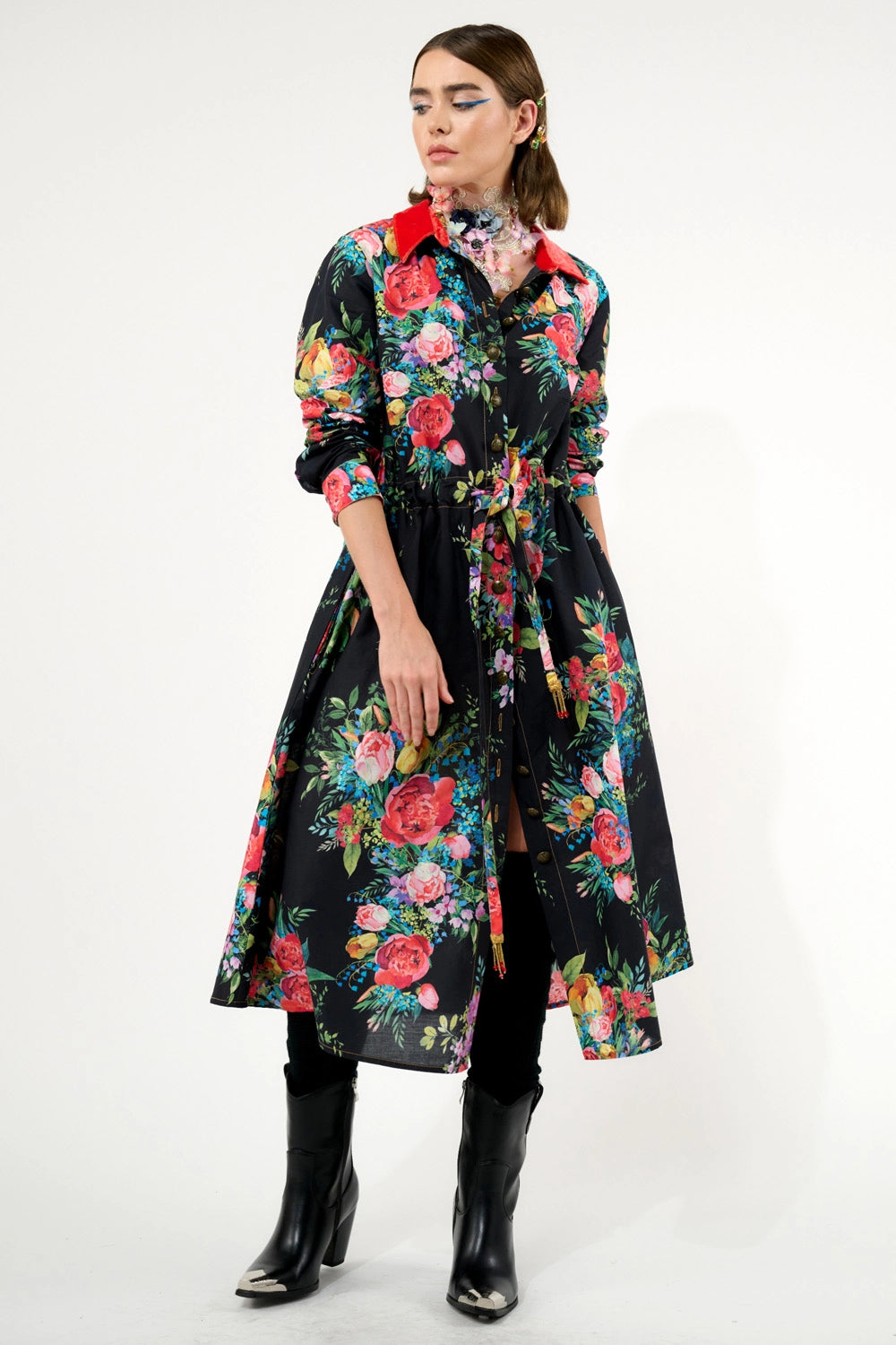 Black Floral Button Down Dress w Velvet Collar