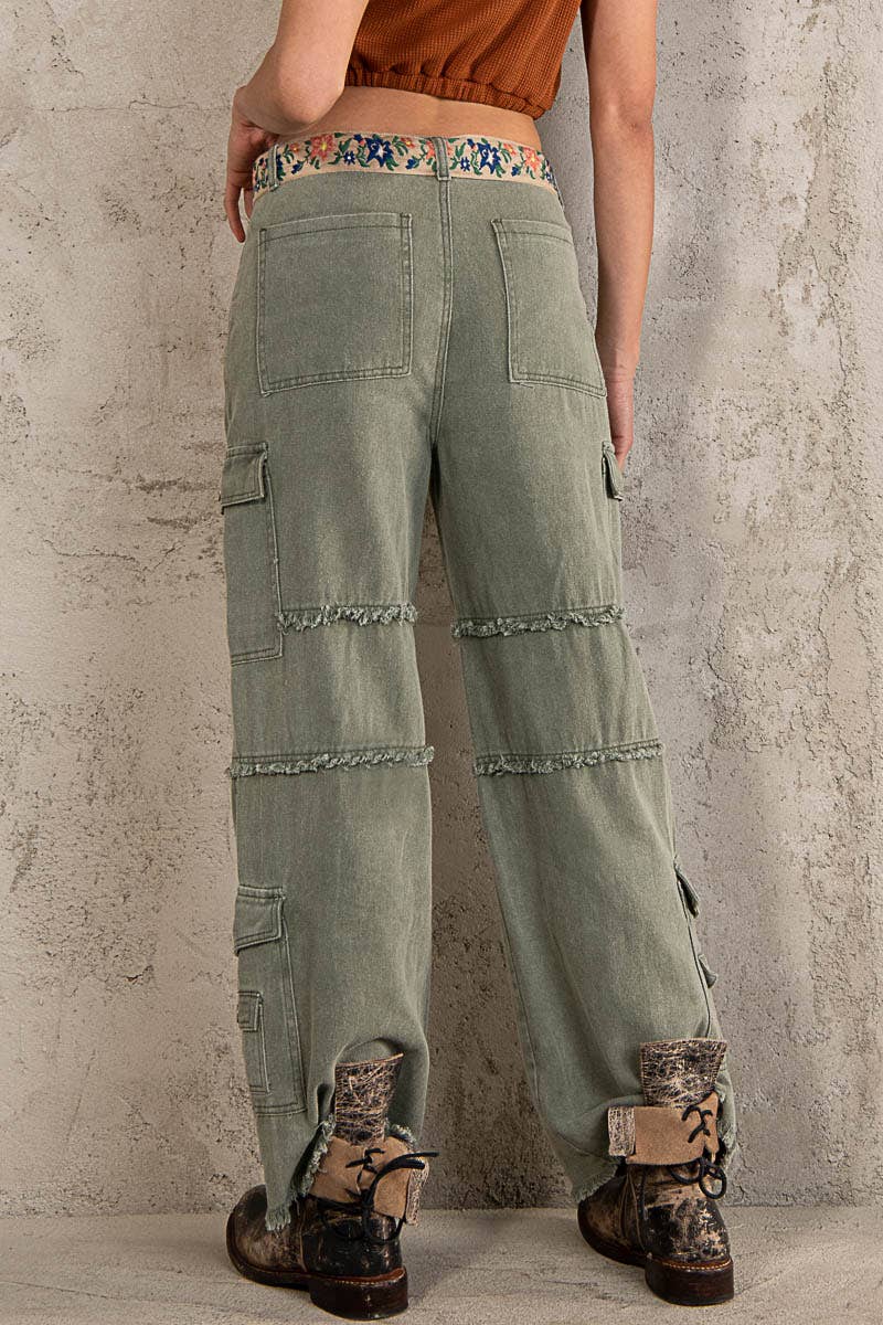 Army Green Outseam Detailing Multi Pocket Baggy Cargo Twill Pants