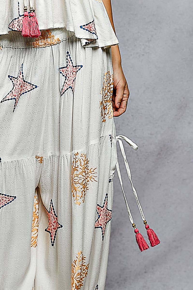 Star Embroidery Tassel Pocket Wide Leg Flowy Pants and Tank