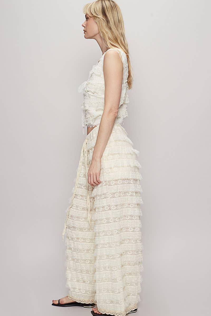 Cream Lace Ruffle Pants
