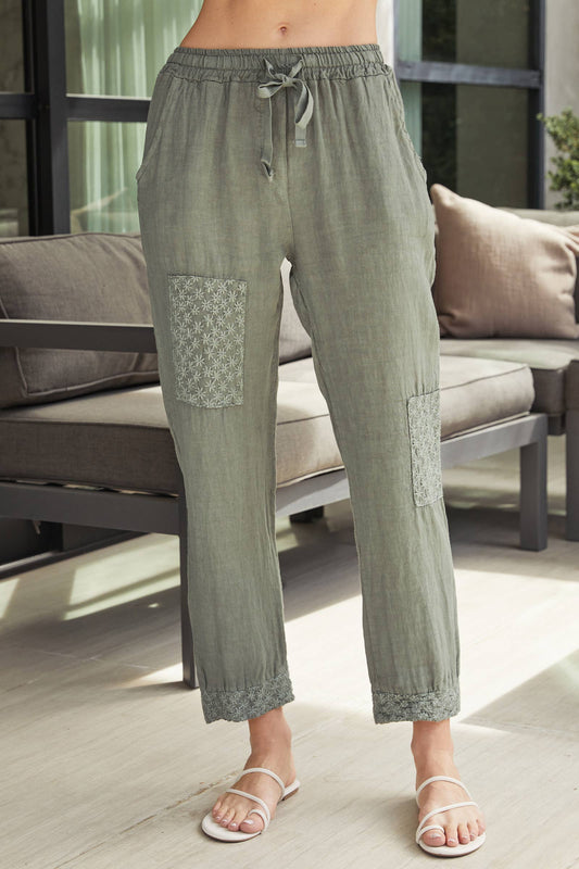 Army Green Linen Drawstring Pants