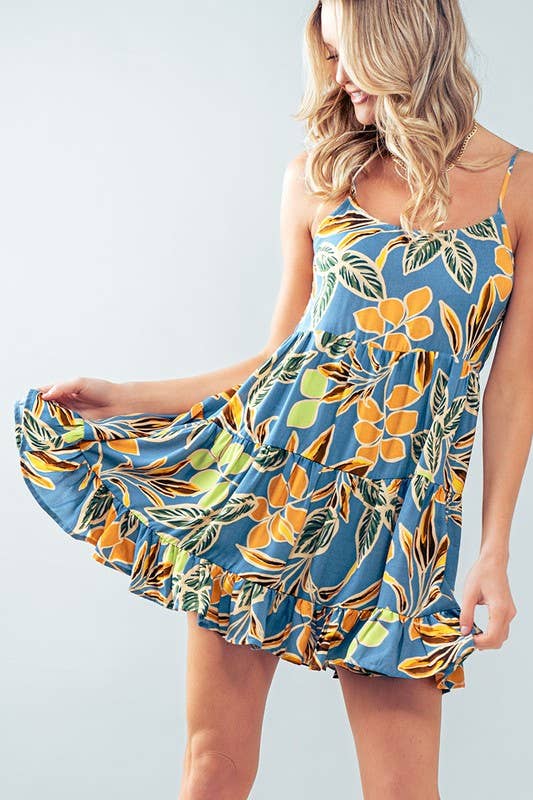 Tropical Leaf Print Tiered Mini Dress