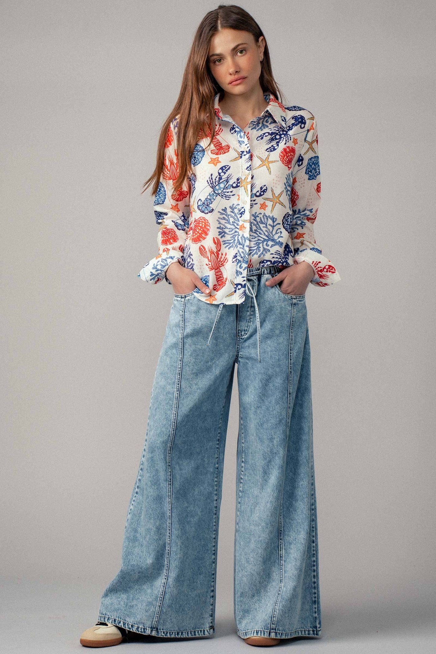 Ocean Shell & Lobster Print Relaxed Summer Shirt