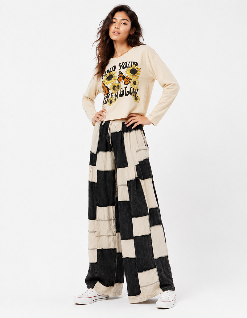 COTTON BLK+WHITE CHECKERED PATCHEDWORK PANTS