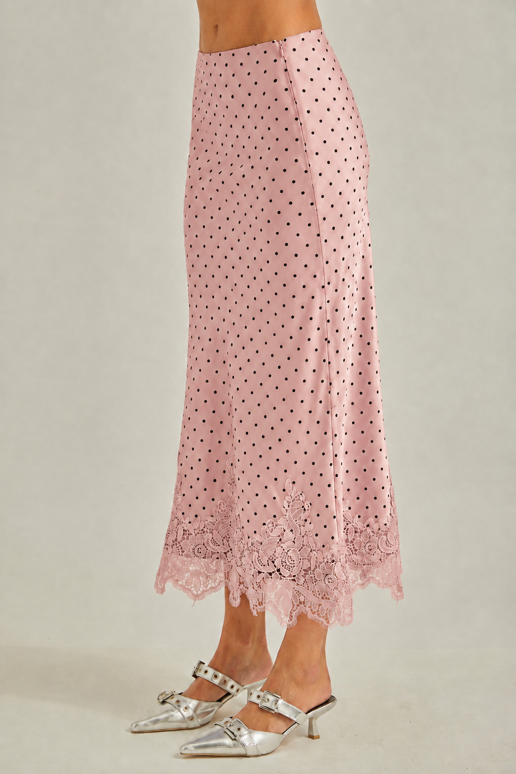 Polkadot with lace hem fit & flare bias midi skirt