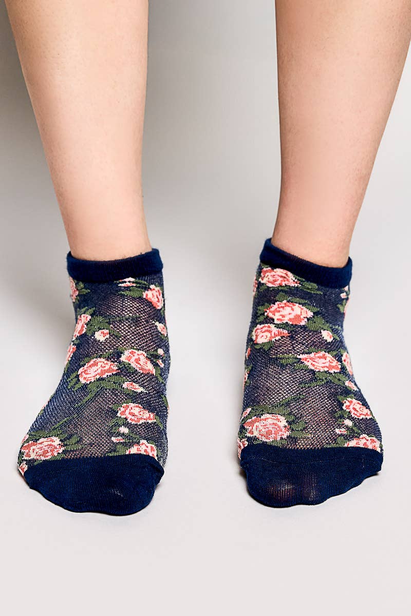 Allover Floral Print Classic Ribbed Cuff Knit Crew Socks