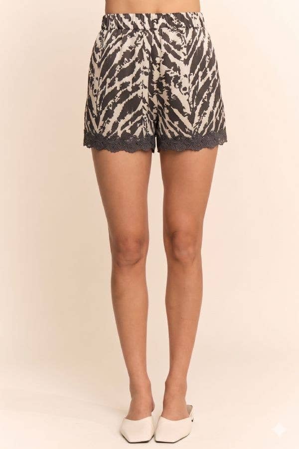 Printed Satin Lace Trim Shorts