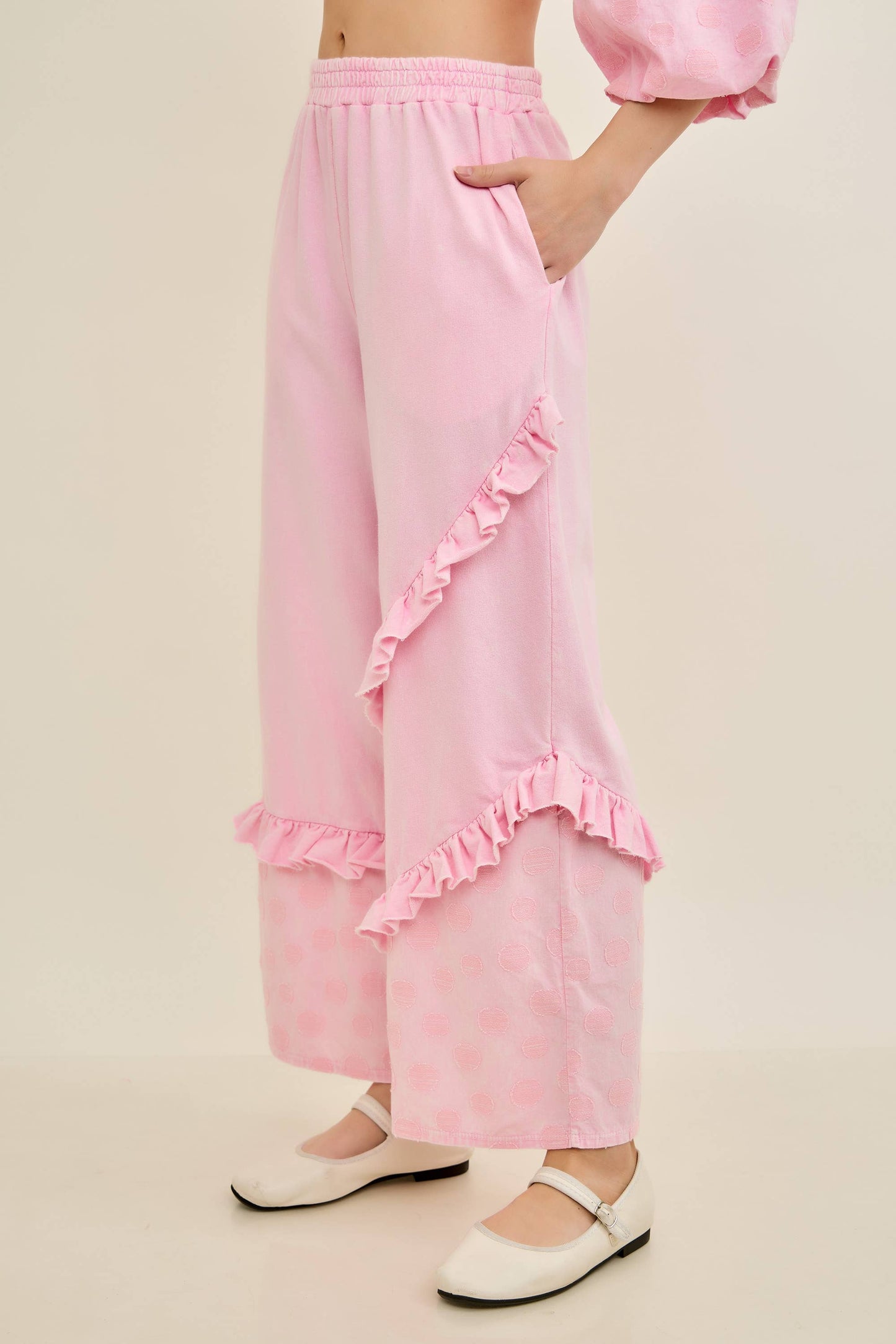 Mineral Washed Boho Polkadot Ruffle Pants