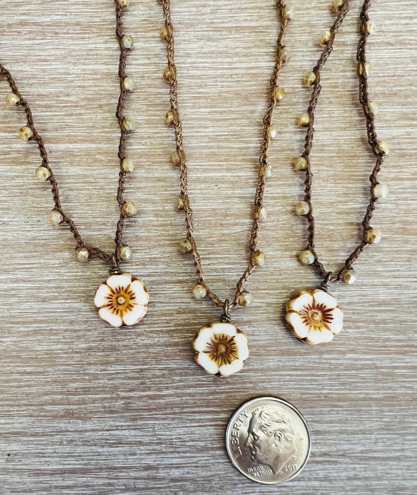 Ivory And Sand Pressed Glass Flower On Crocheted Crystal