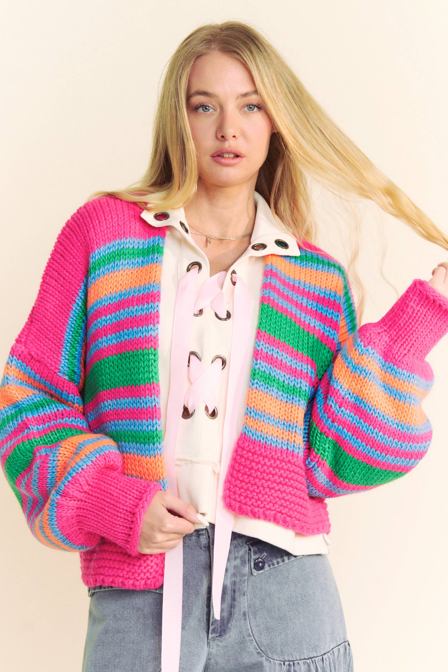 Chunky Striped Open-Front Cardigan