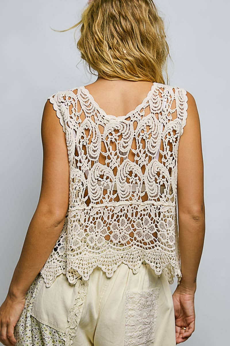 Crochet Lace Bead Neck Sleeveless Cropped Top