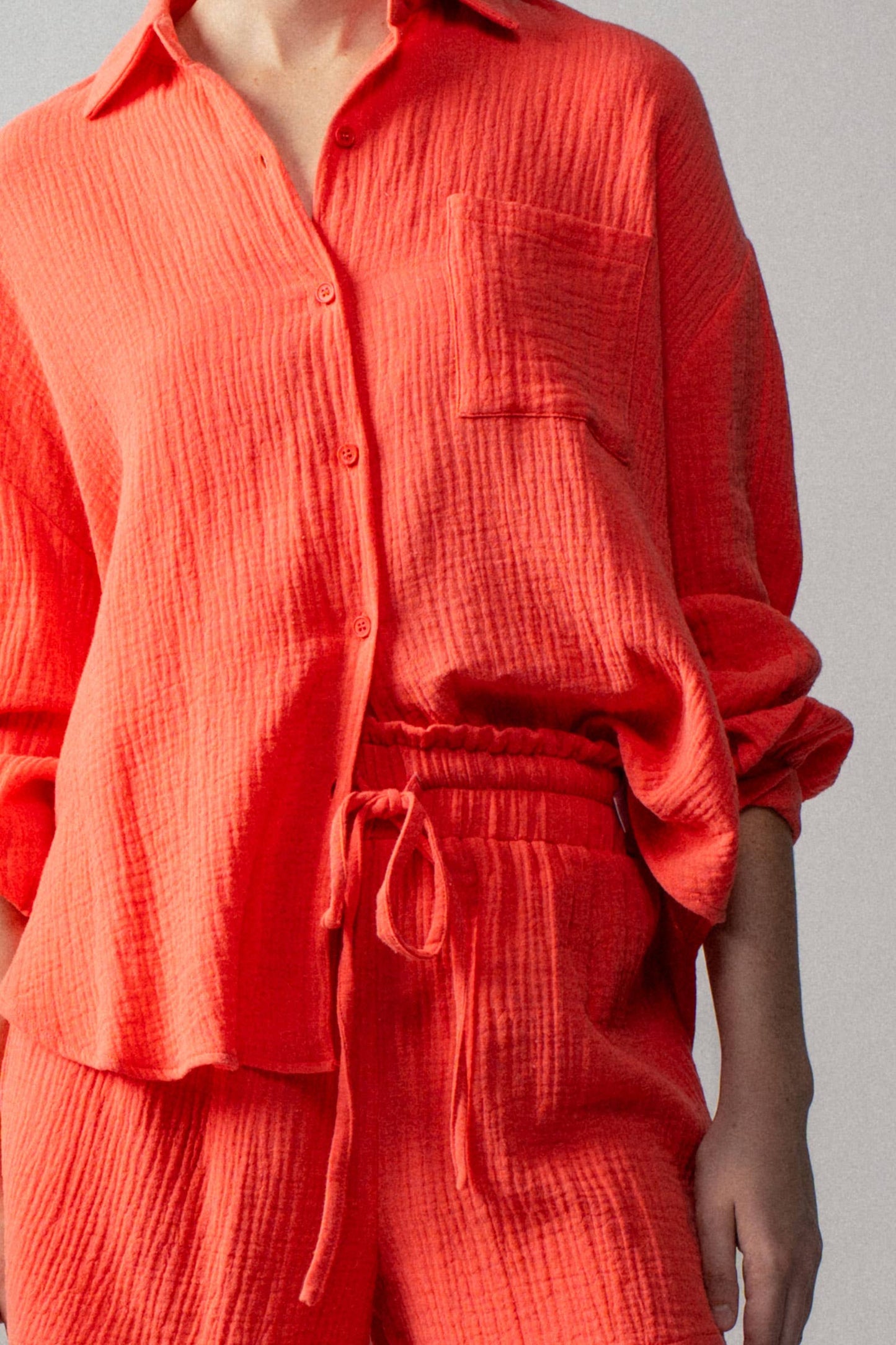 Coral Crinkle Cotton Gauze Resort Button-Up Set