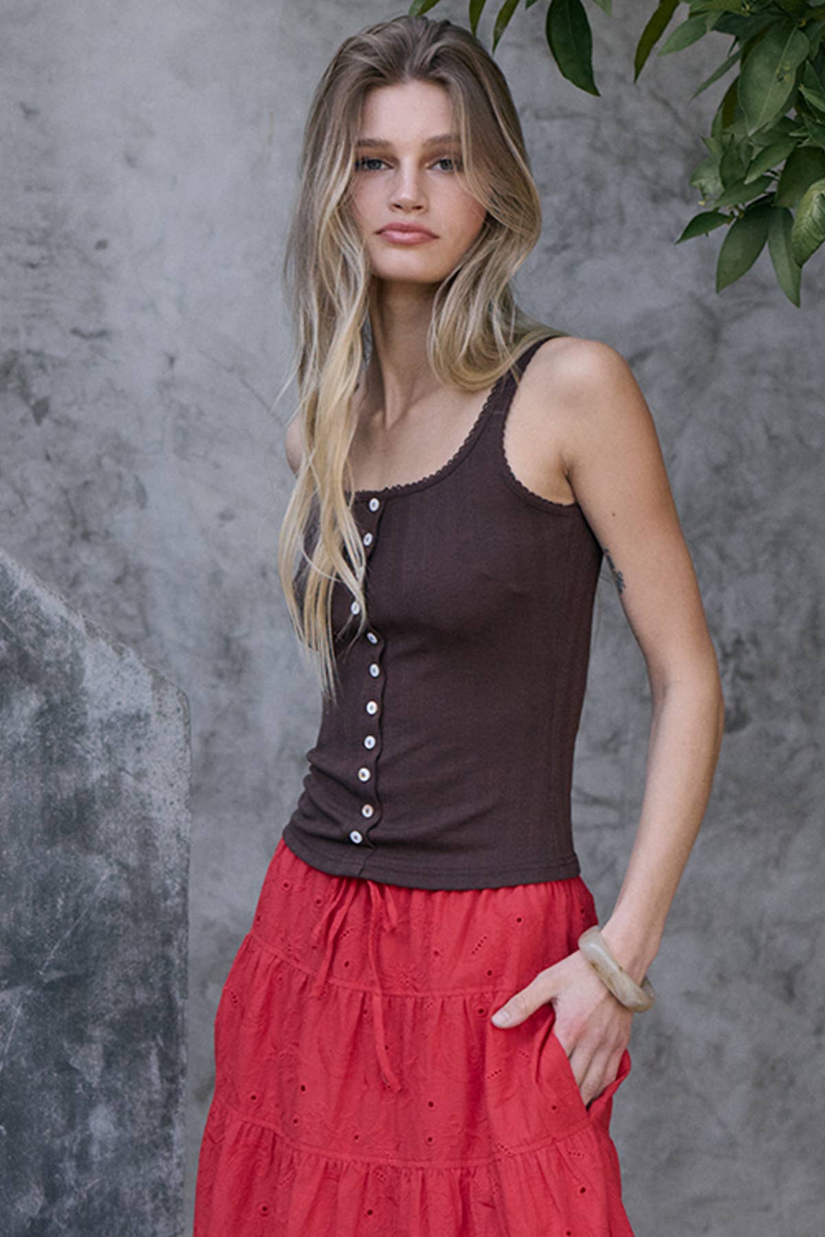 Pointelle Ribbed Button Front Knit Cami
