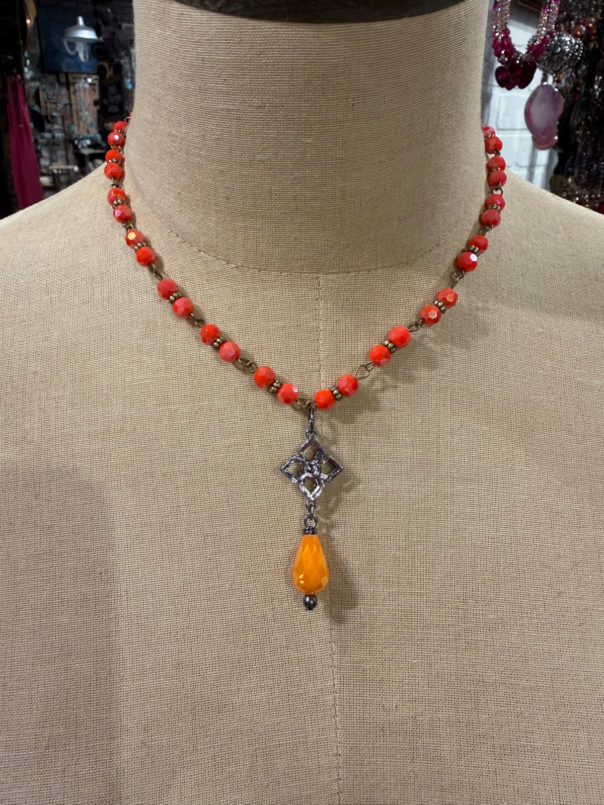 Orange Bead & Crystal Drop Necklace