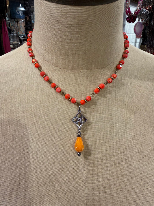 Orange Bead & Crystal Drop Necklace