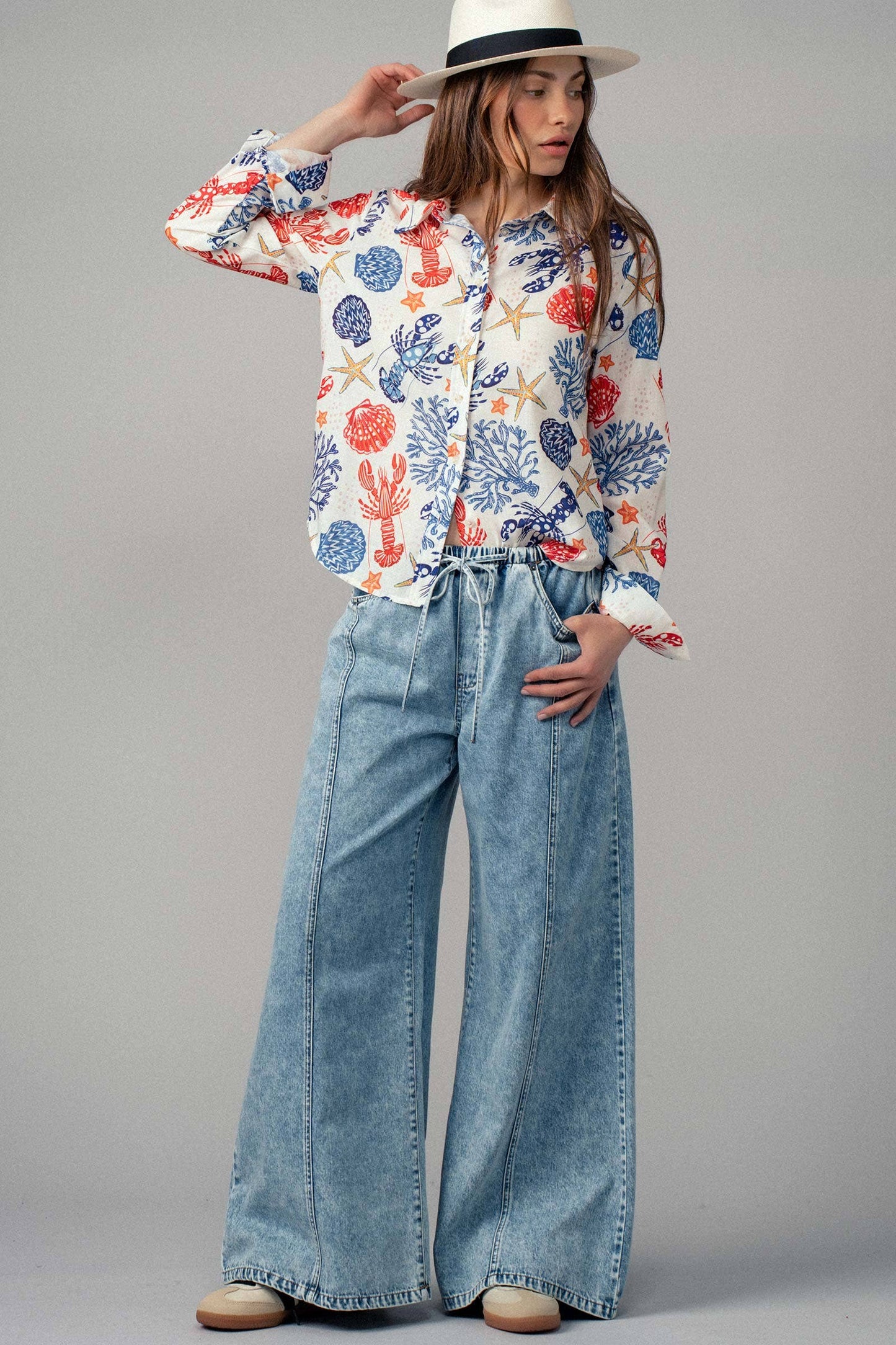 Ocean Shell & Lobster Print Relaxed Summer Shirt